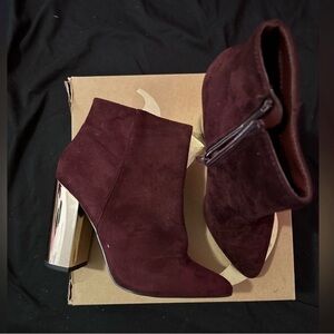 Charlotte Russe suede burgundy boots with gold heel